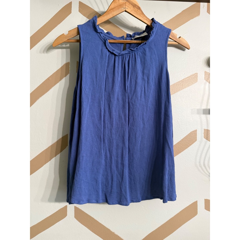 Sojourn Tank Top Women Large Petite Blue Ruffle Neck Crinkle Rayon Blouse